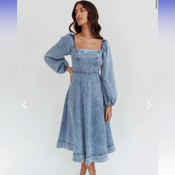 white christmas dresses Bay Side Long Sleeve Denim Midi Dress Indigo– Selfie Leslie main image 0